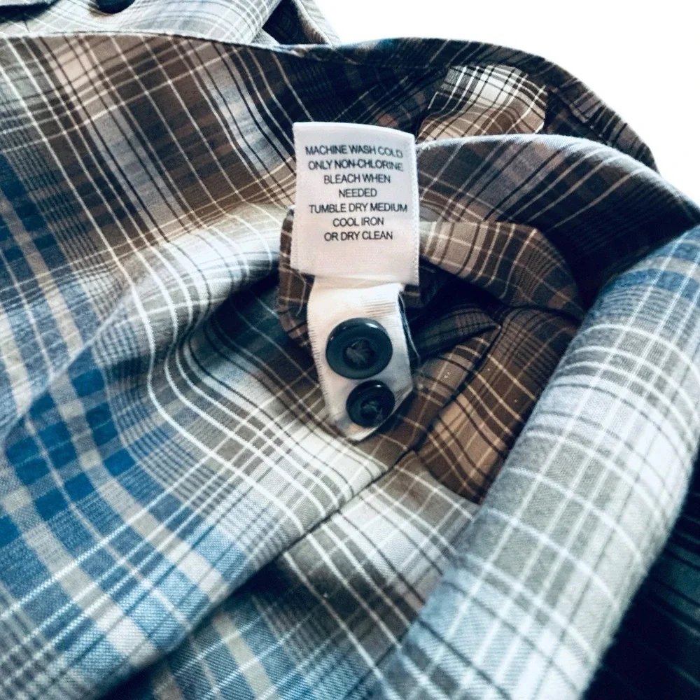 Banana Republic Mens L Slim Fit Plaid Shirt Blue Brown Tan Cotton Stretch Large